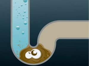 Illustration of a blocked drain with murky water and a cartoonish face, representing plumbing issues related to foul odors and blockages, relevant to Force Plumbing and Heating LLC's services.