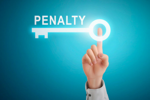 Hand pointing at a glowing key labeled "PENALTY," symbolizing the importance of obtaining plumbing permits to avoid fines during home remodeling.