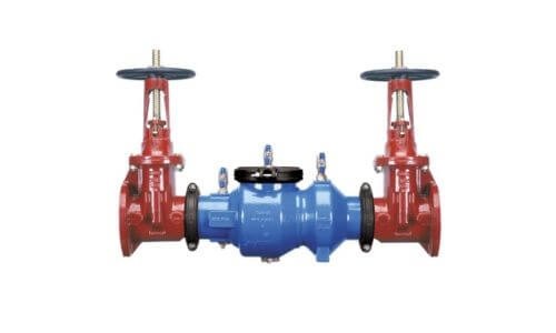 Backflow prevention assembly featuring red valves and a blue main body, relevant to plumbing and water quality maintenance.