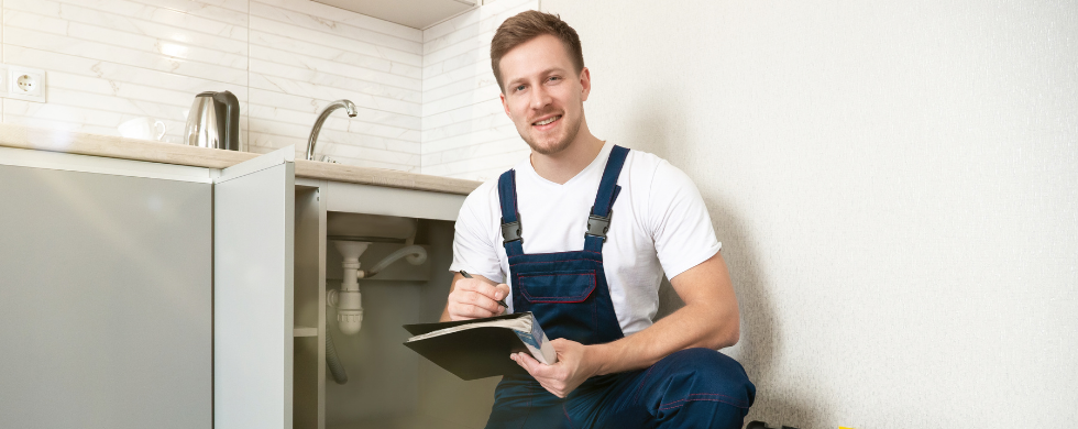 Professional male plumber with toolbox in modern kitchen, focusing on under-sink plumbing for Force Plumbing and Heating.