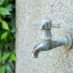 Metal faucet on textured stone wall surrounded by green foliage, highlighting plumbing features for winter readiness.