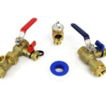 Brass plumbing valves with red and blue handles, featuring a blue rubber gasket for water heater maintenance.
