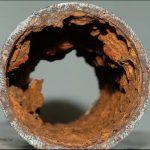 Hollow rusty pipe showing interior corrosion and flaking rust, highlighting plumbing issues like winter pipe bursts.