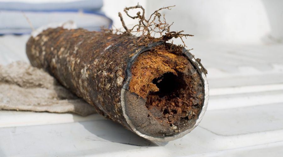 Hollow cylindrical pipe with dark texture, showing decay on work table with cloth—related to plumbing maintenance.